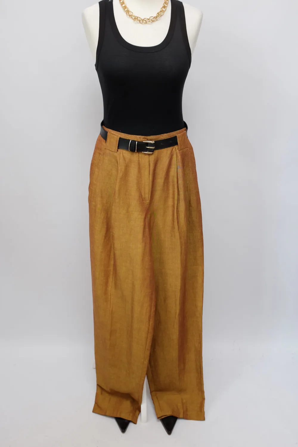 LINEN VISCOSE CAMEL PLEATED PANTS