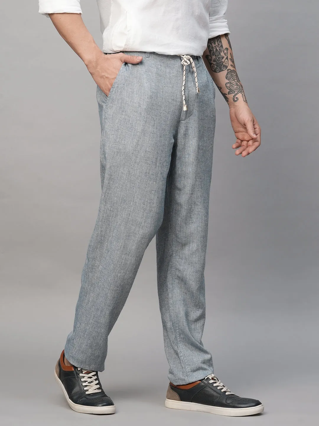 Men's Blue Linen Viscose Regular Fit Pant