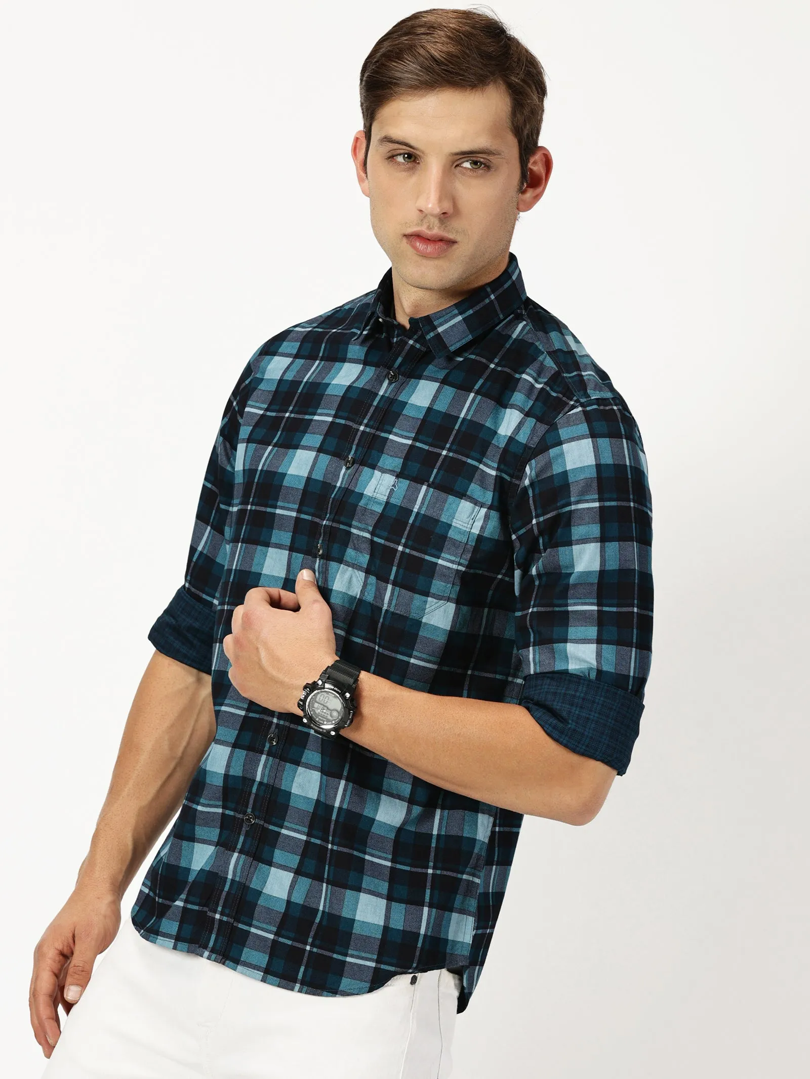 MEN'S  BLUES GREEN CHECKS SLIM FIT SHIRT