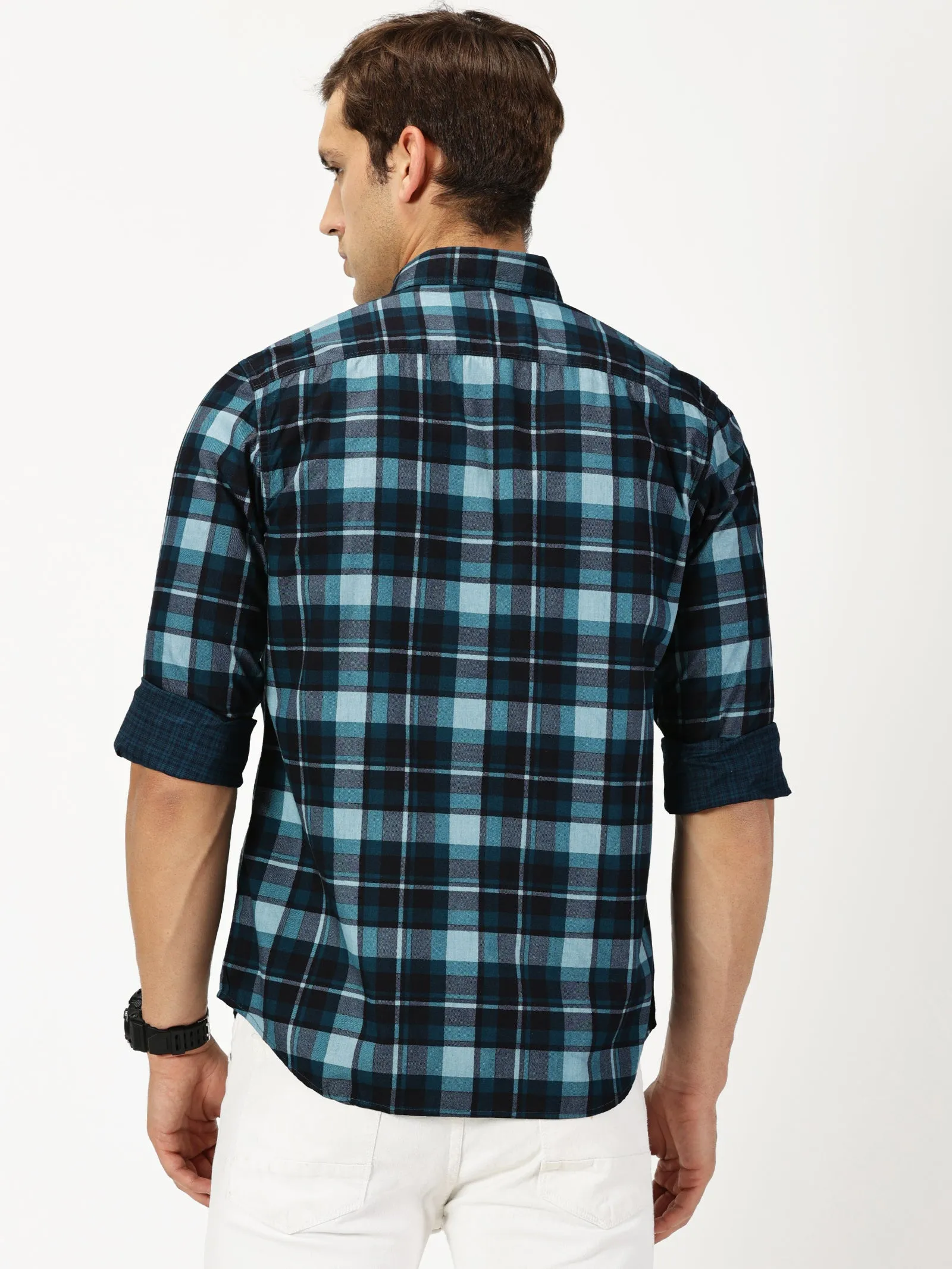 MEN'S  BLUES GREEN CHECKS SLIM FIT SHIRT