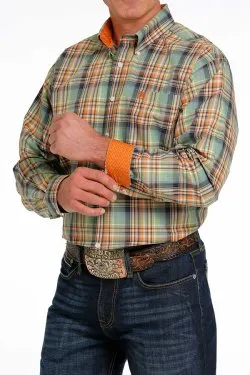 MEN'S CINCH PLAID BUTTON-DOWN WESTERN SHIRT - GREEN / ORANGE