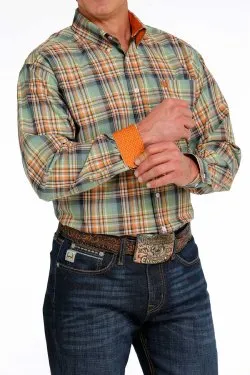 MEN'S CINCH PLAID BUTTON-DOWN WESTERN SHIRT - GREEN / ORANGE