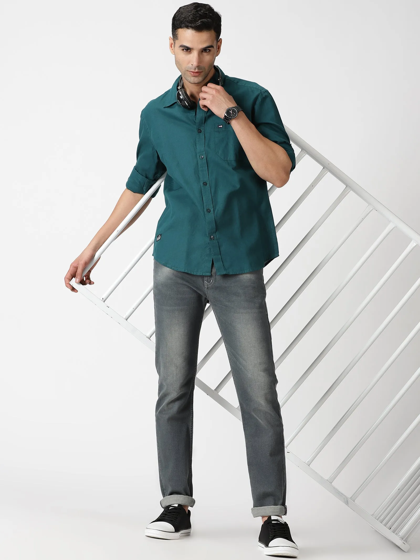 MEN'S DK GREEN SOLID SLIM FIT SHIRT