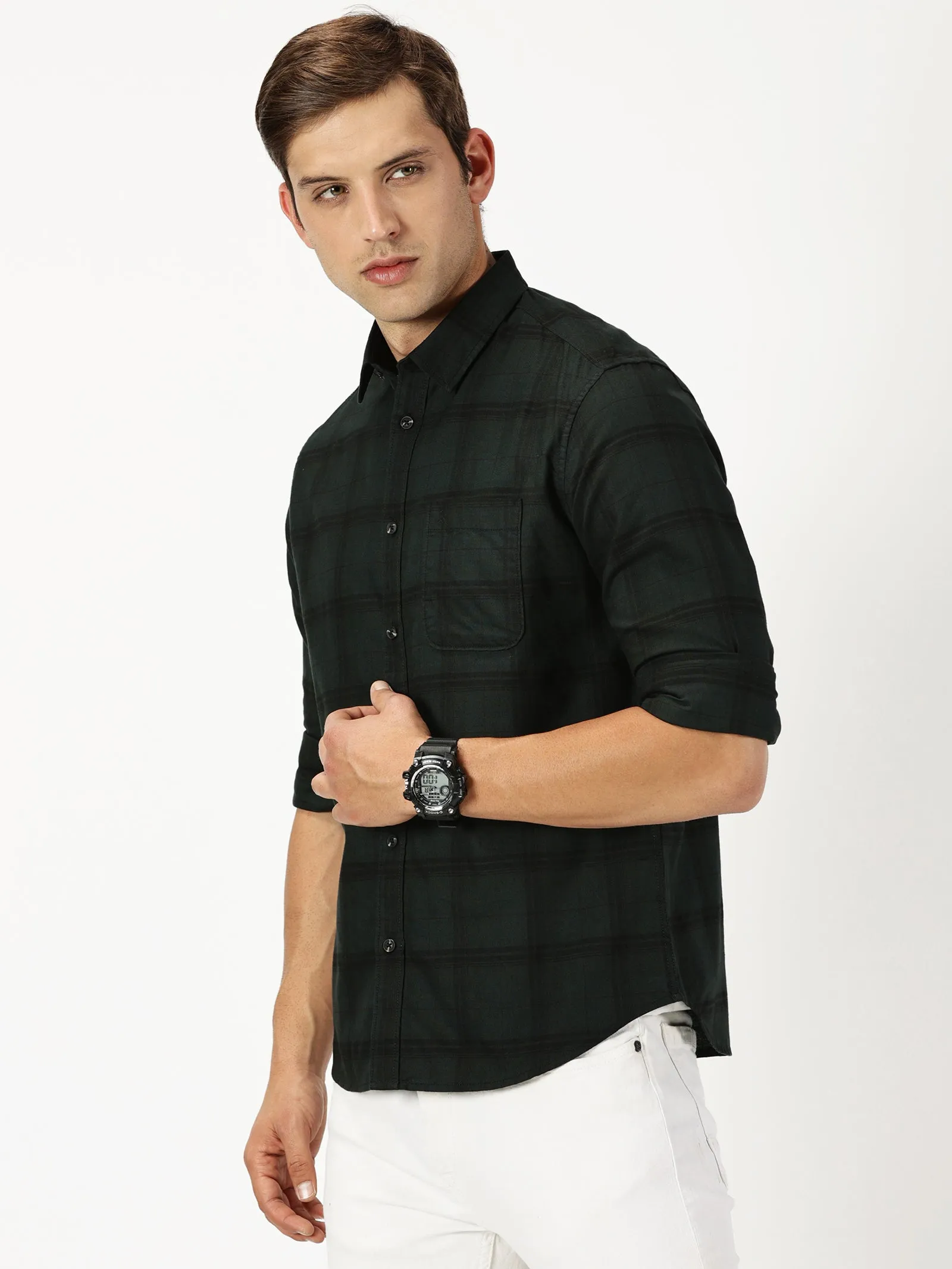 MEN'S GREEN CHECKS SLIM FIT SHIRT