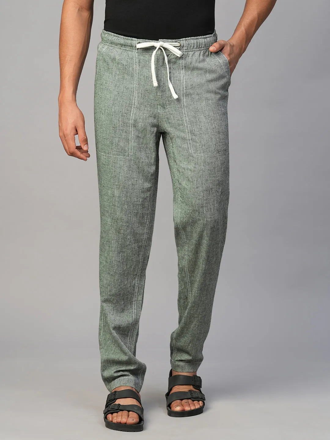 Men's Green Linen Viscose Regular Fit Pant