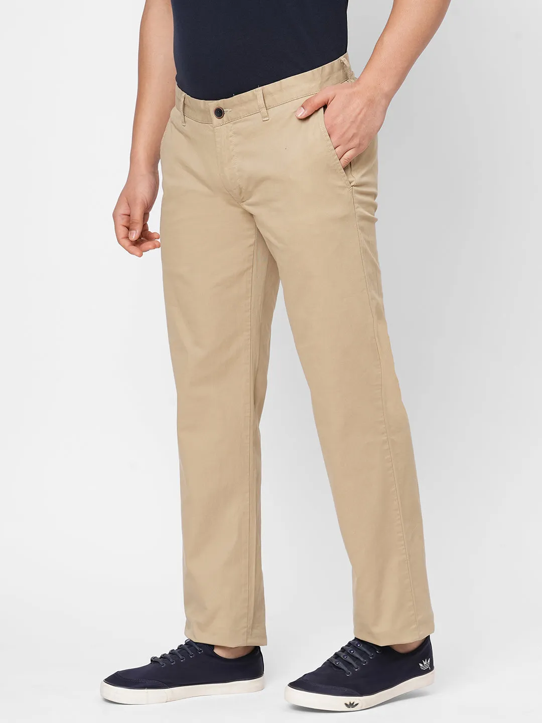 Men's Khaki Cotton Lycra Regular Fit Pant