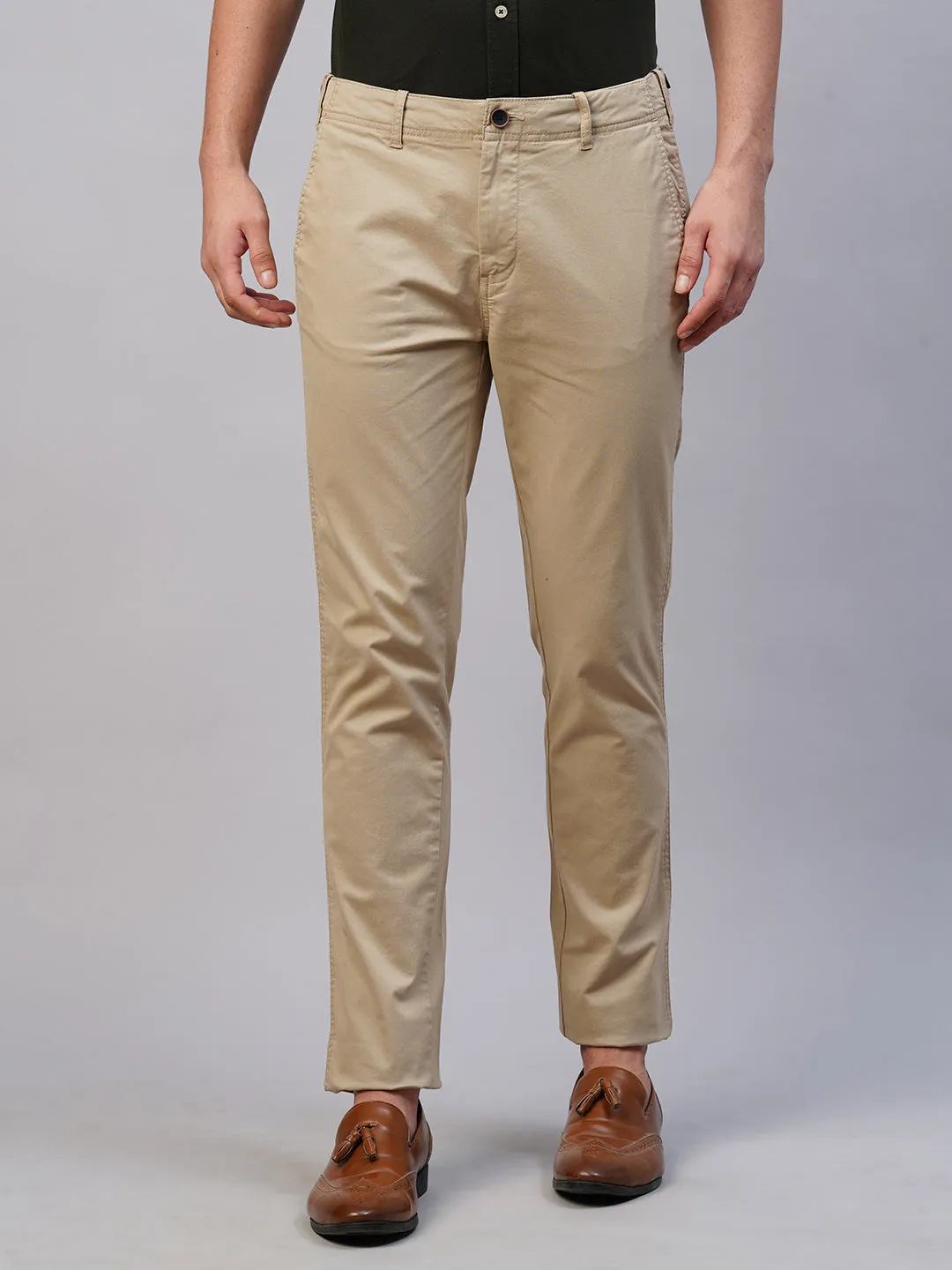 Men's Khaki Cotton Lycra Slim Fit Pant