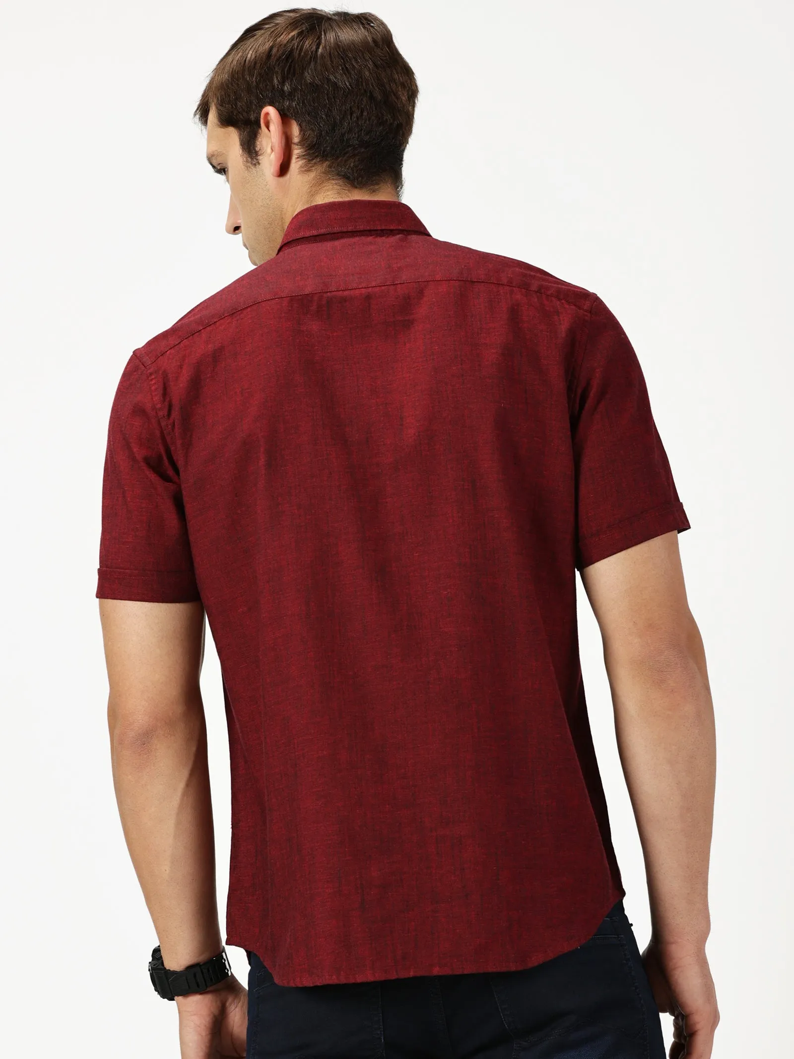 MEN'S  MAROON SOLID COTTON LINEN SLIM FIT SHIRT