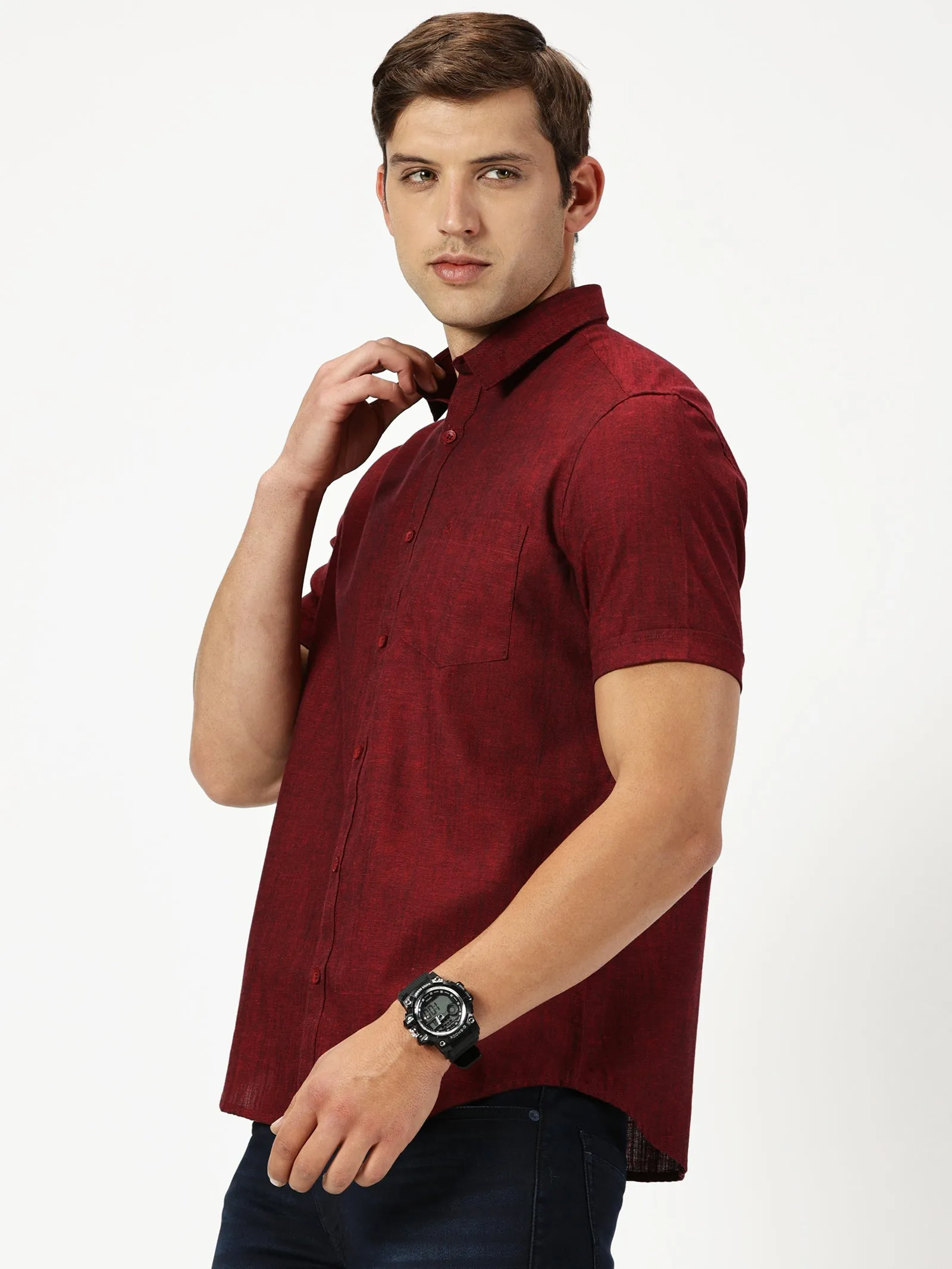 MEN'S  MAROON SOLID COTTON LINEN SLIM FIT SHIRT