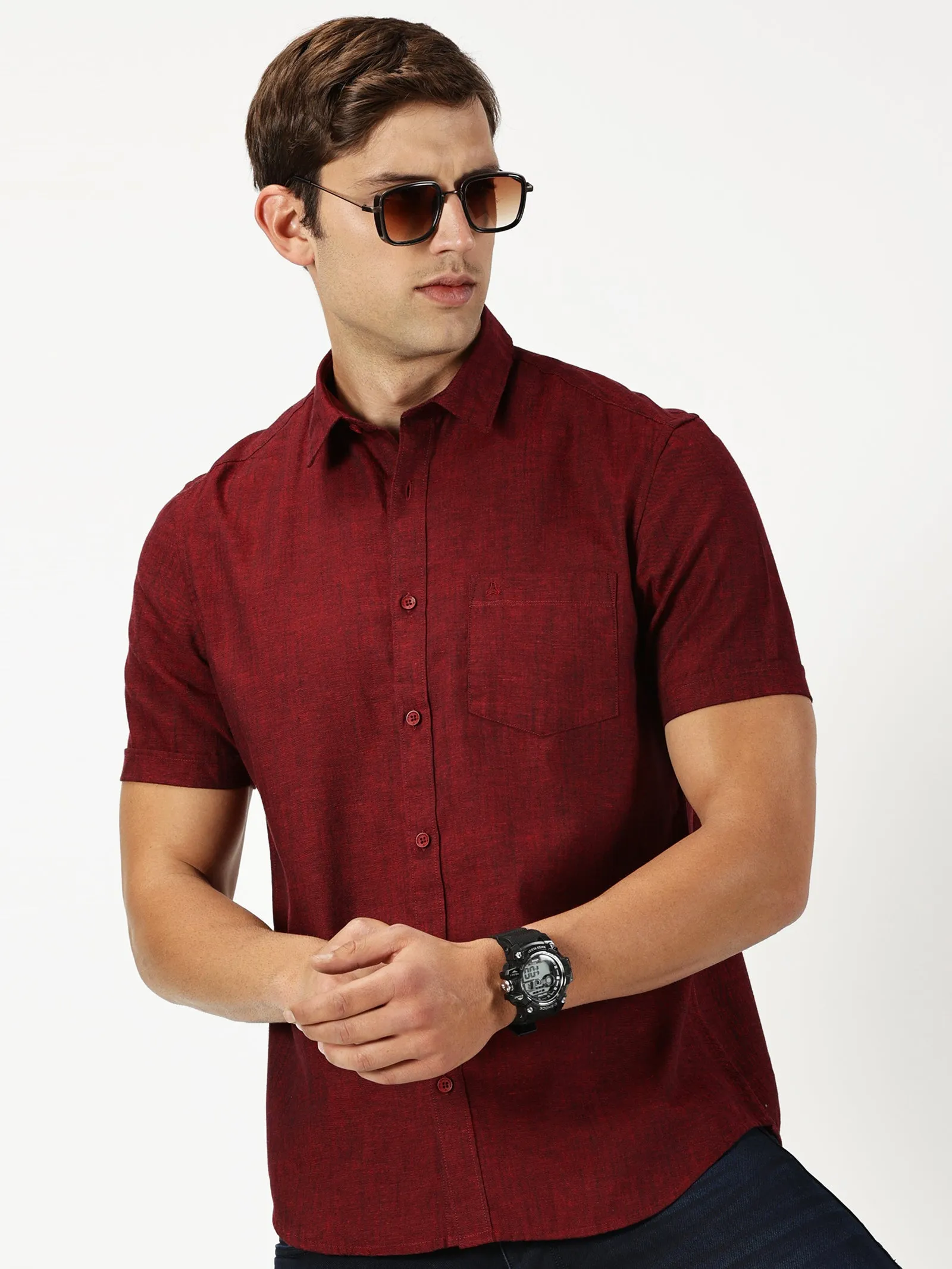 MEN'S  MAROON SOLID COTTON LINEN SLIM FIT SHIRT