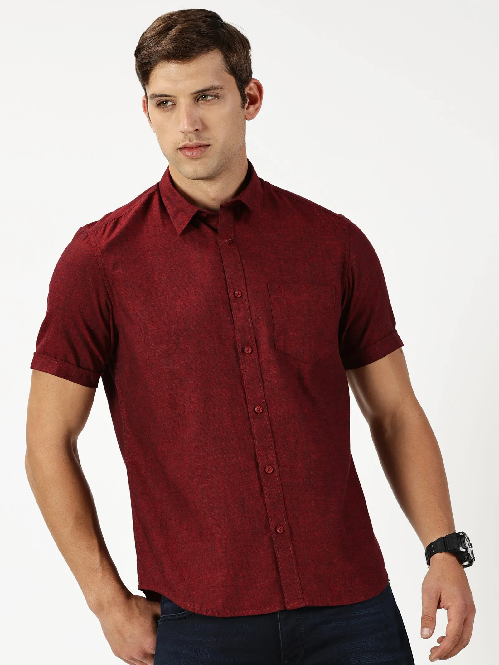 MEN'S  MAROON SOLID COTTON LINEN SLIM FIT SHIRT