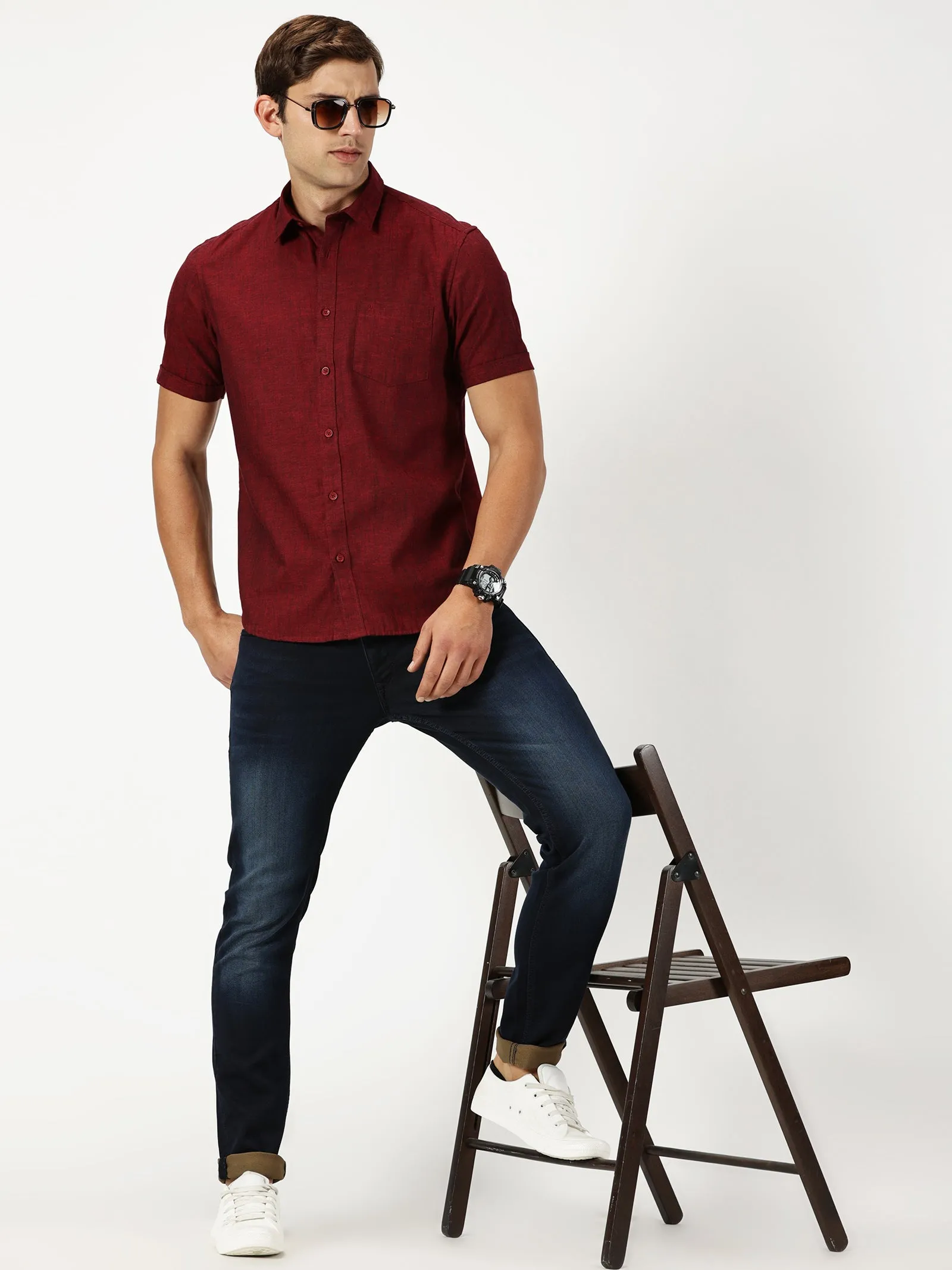 MEN'S  MAROON SOLID COTTON LINEN SLIM FIT SHIRT