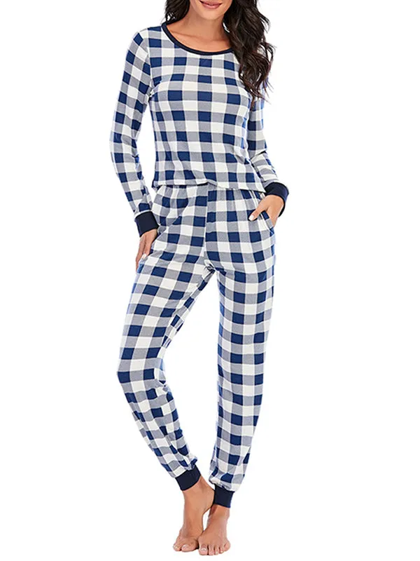 Momnfancy Buffalo Plaid Round Neck Long Sleeve Maternity Long Pajama Set