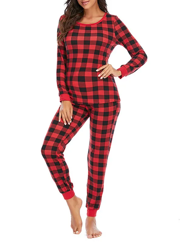 Momnfancy Buffalo Plaid Round Neck Long Sleeve Maternity Long Pajama Set