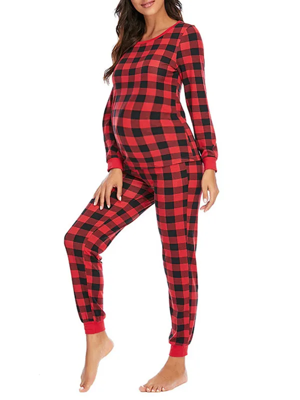 Momnfancy Buffalo Plaid Round Neck Long Sleeve Maternity Long Pajama Set