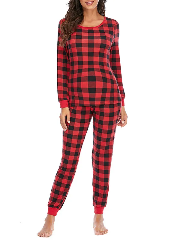 Momnfancy Buffalo Plaid Round Neck Long Sleeve Maternity Long Pajama Set