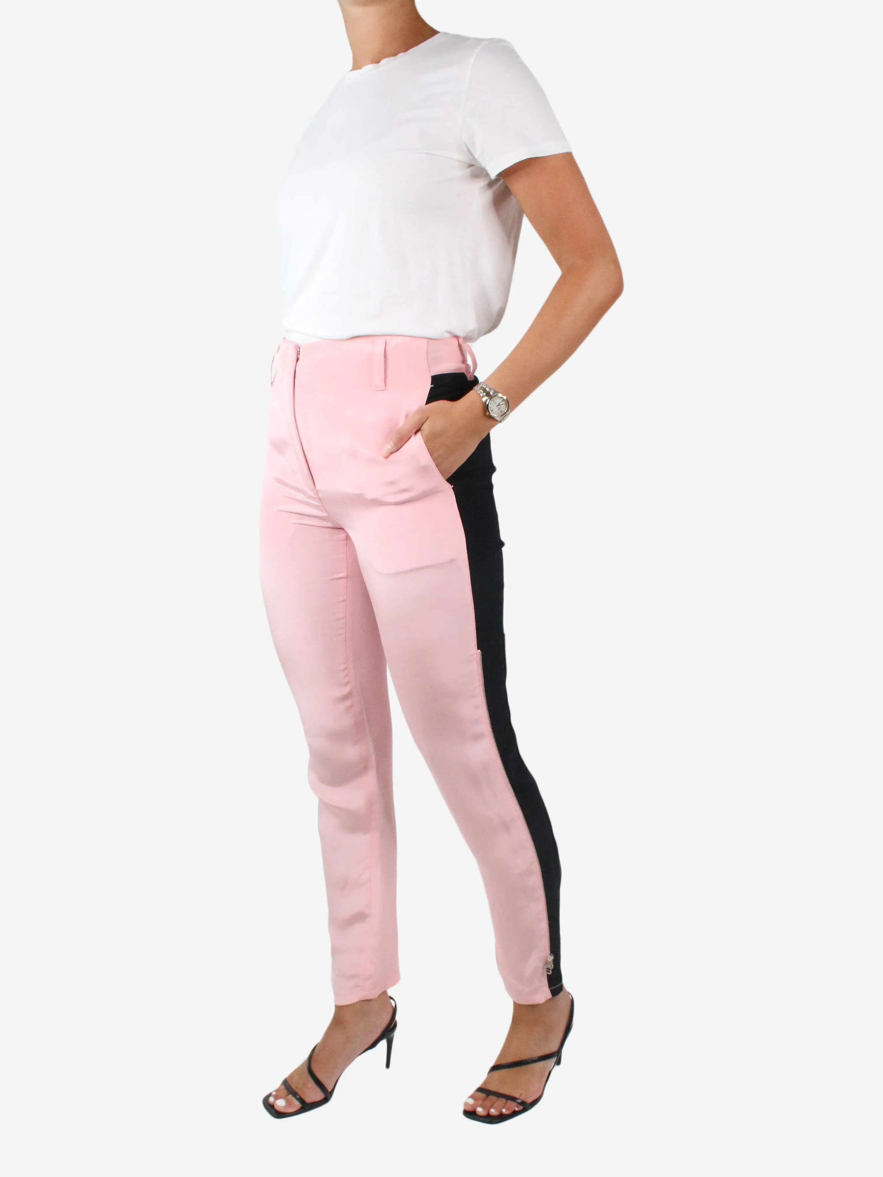 Pink silk zip detail trousers - size US 4