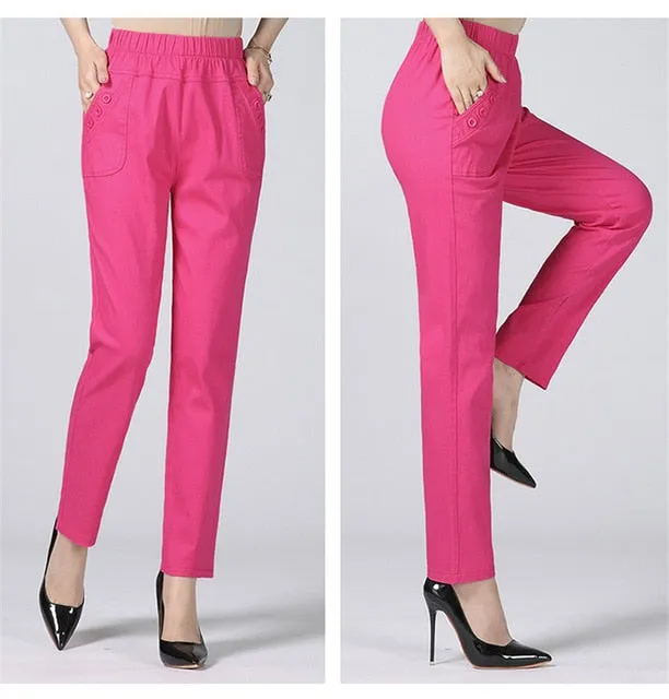 Plus Size 5XL High Waist Stretch Long Pants Women Cotton Straight