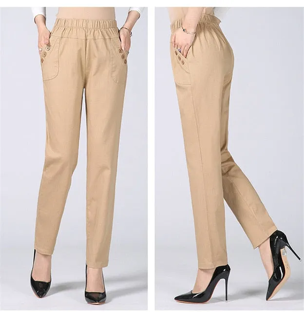 Plus Size 5XL High Waist Stretch Long Pants Women Cotton Straight