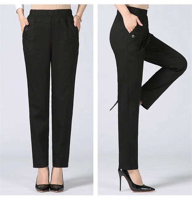 Plus Size 5XL High Waist Stretch Long Pants Women Cotton Straight