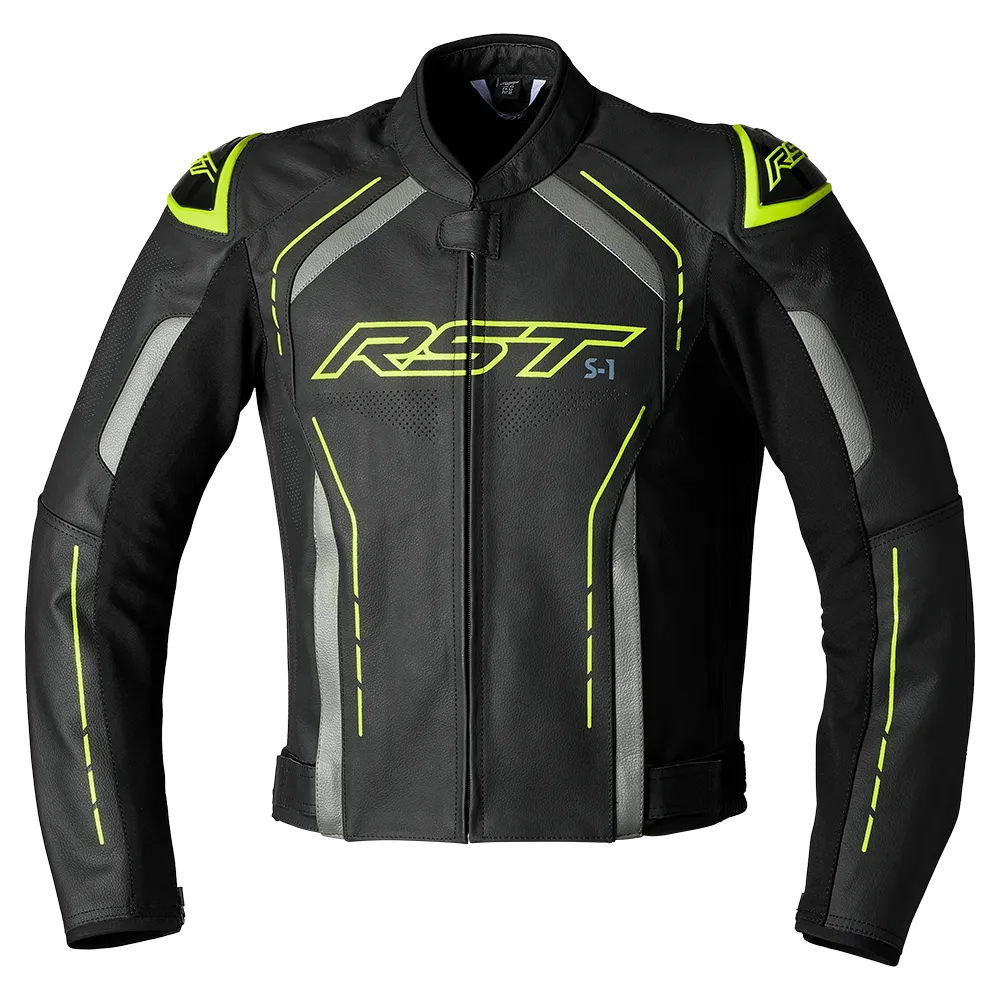 RST S1 CE Mens Leather Jacket - Black / Grey / Flo Yellow