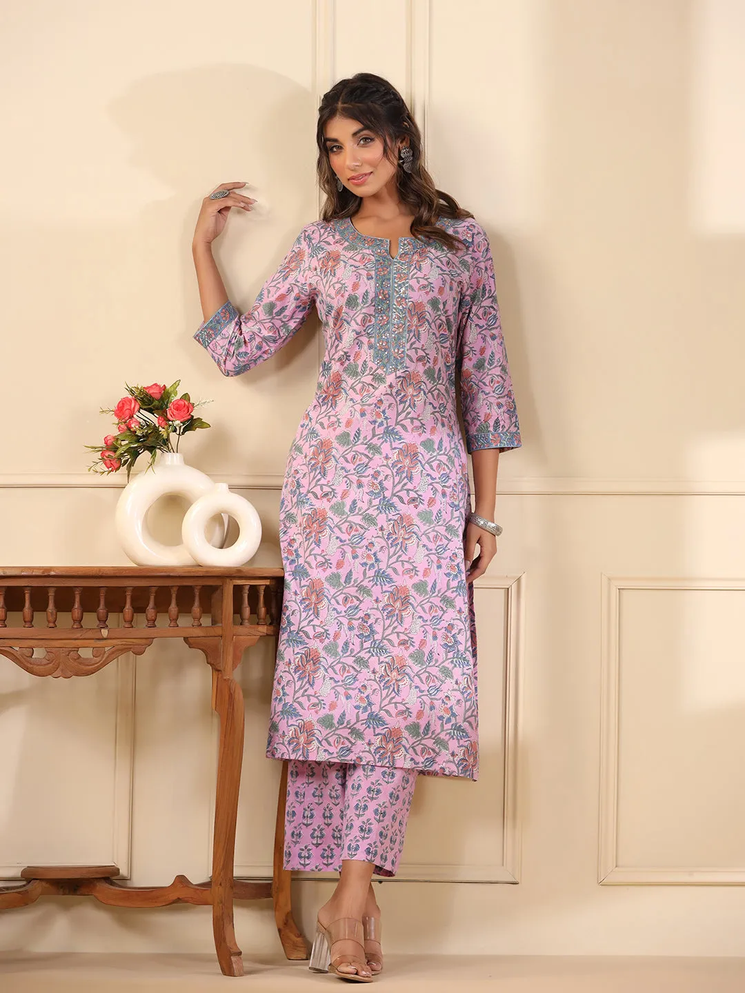 Sadabahaar Lavender Jaal Handblock Printed Cotton Kurta Pant Set