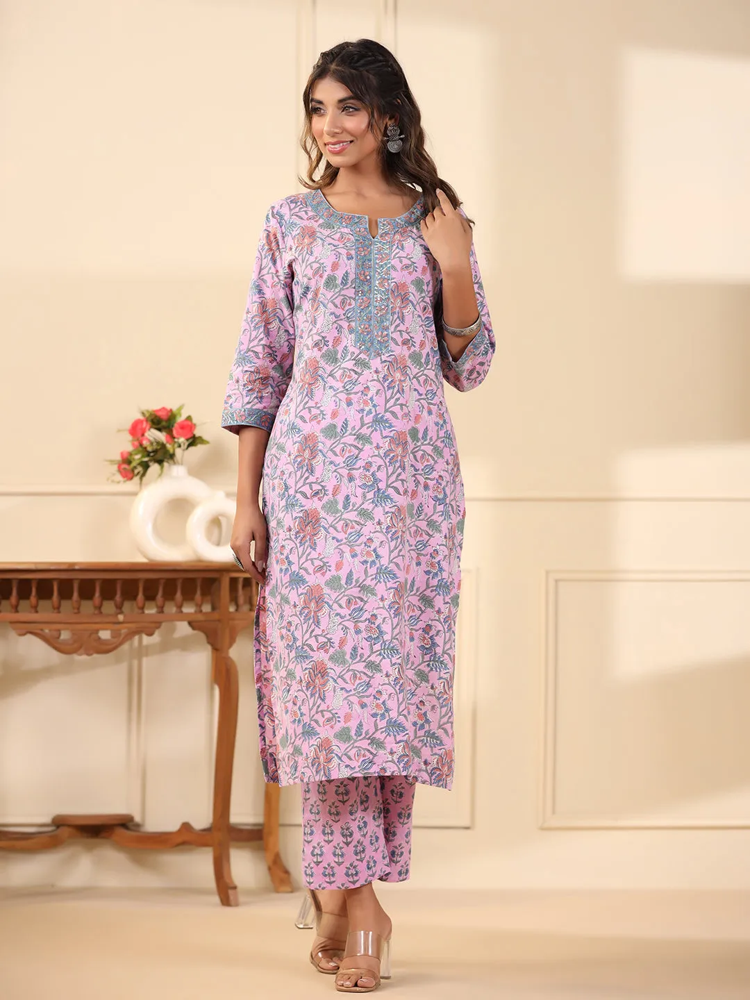 Sadabahaar Lavender Jaal Handblock Printed Cotton Kurta Pant Set