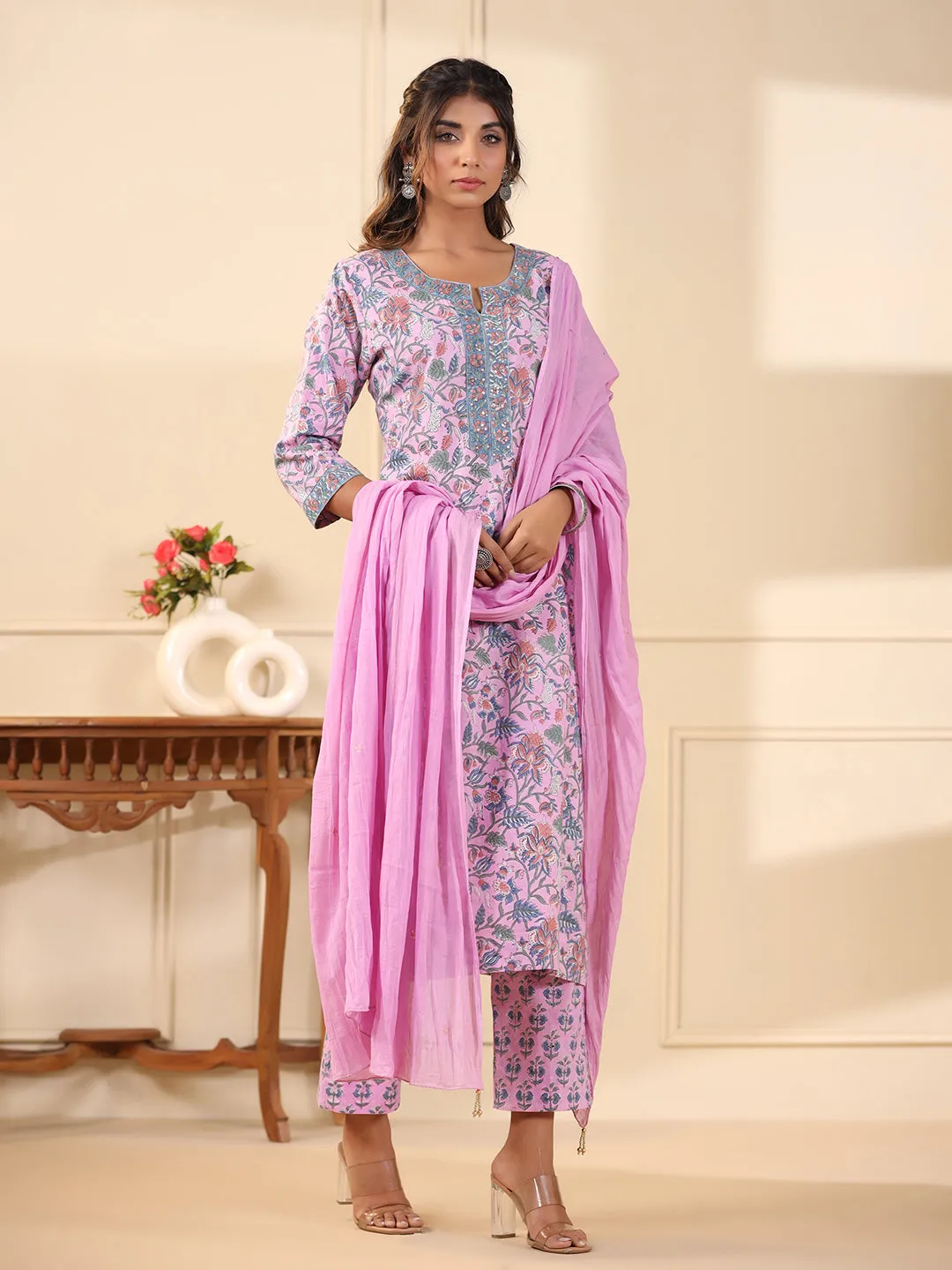 Sadabahaar Lavender Jaal Handblock Printed Cotton Kurta Pant Set