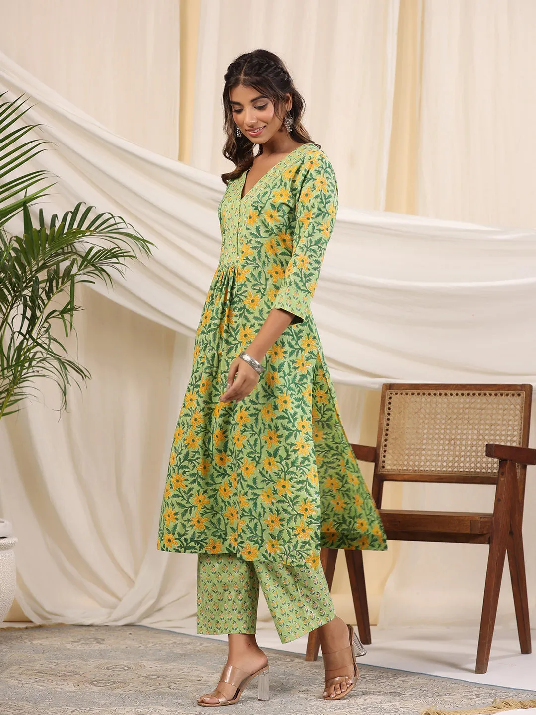 Sadabahaar Mint & Yellow Jaal Handblock Printed Cotton Kurta Pant Set