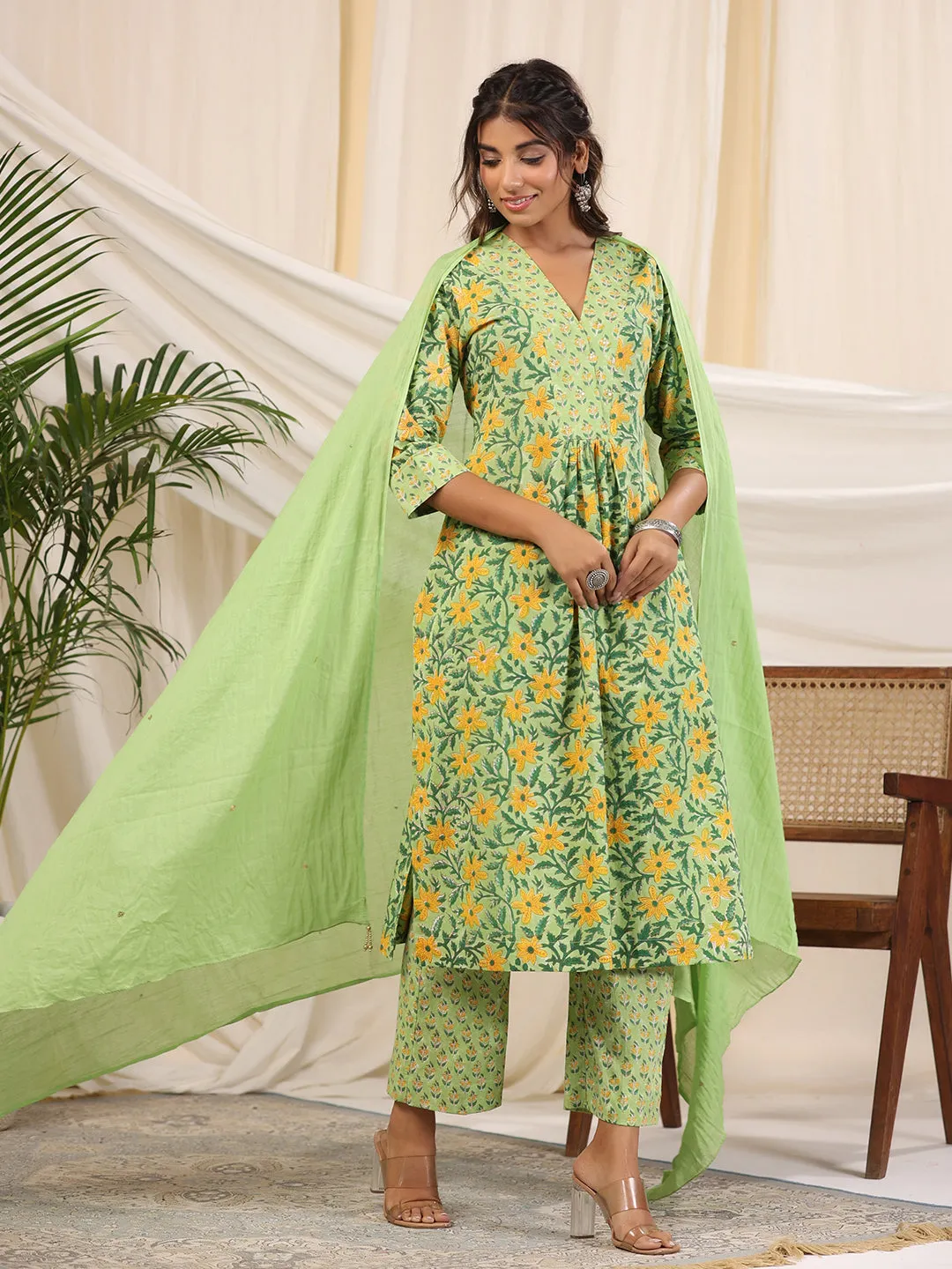 Sadabahaar Mint & Yellow Jaal Handblock Printed Cotton Kurta Pant Set