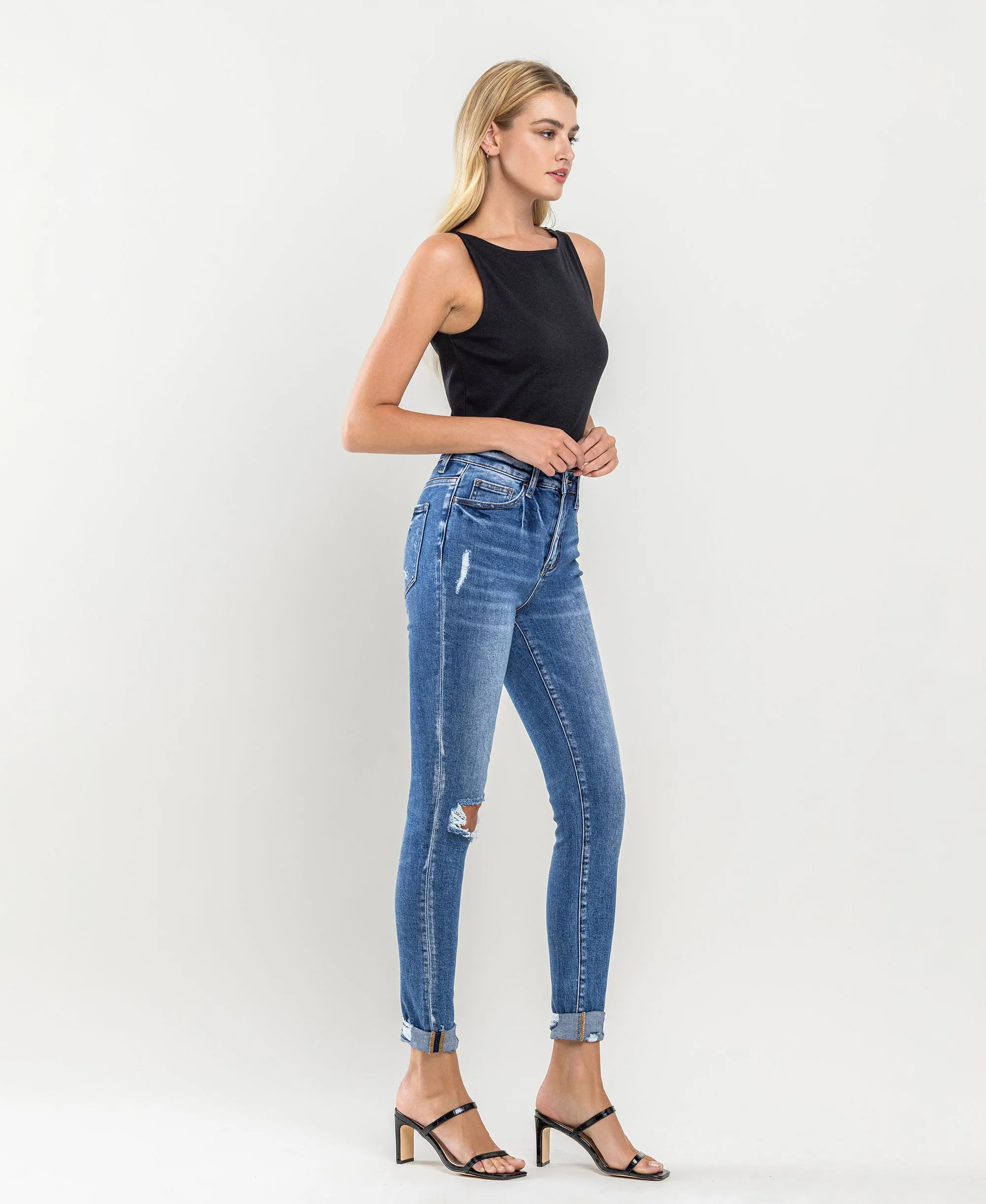 Satisfactory  - High Rise Distressed Cuffed Crop Skinny Jeans