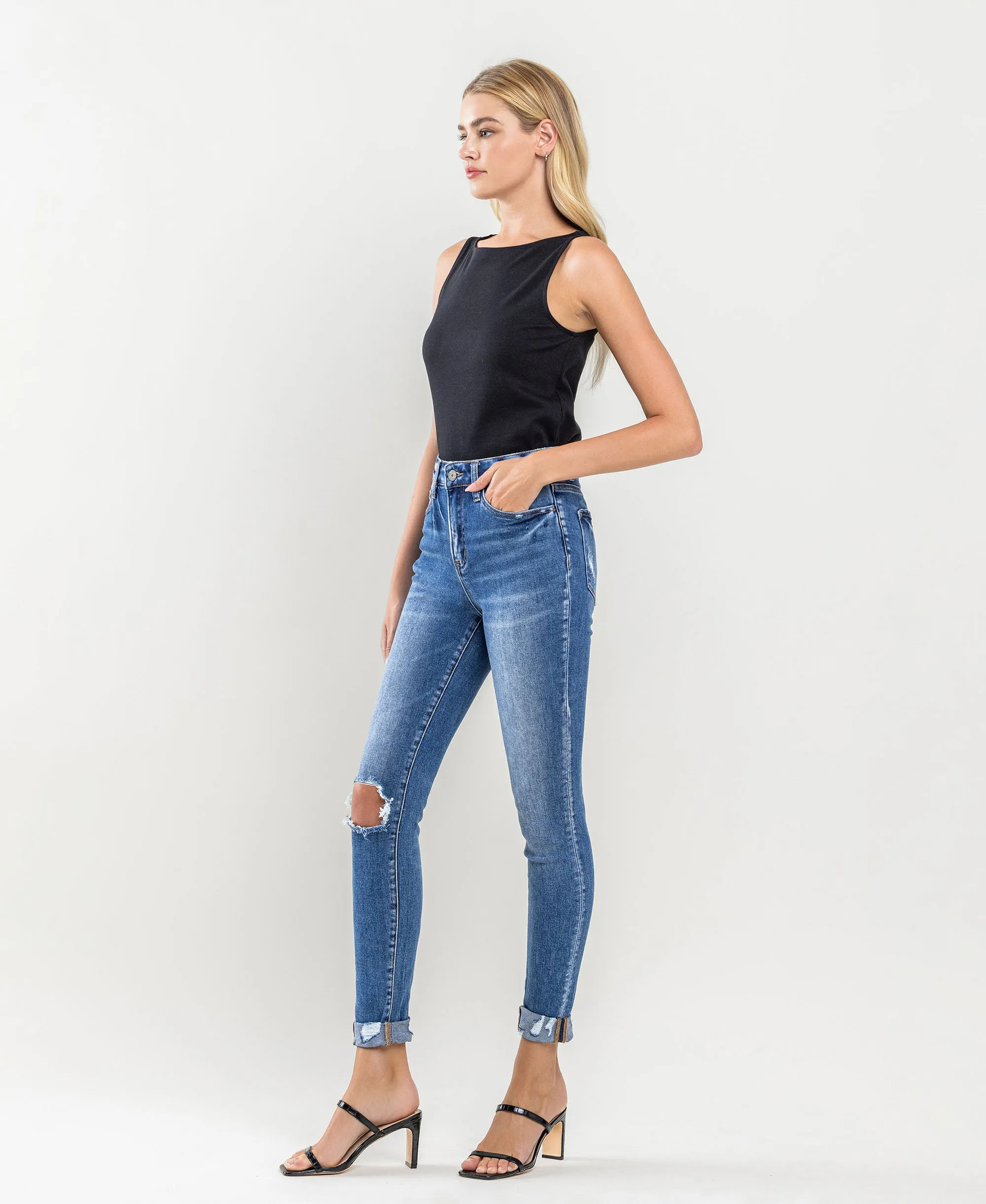 Satisfactory  - High Rise Distressed Cuffed Crop Skinny Jeans