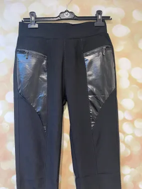 Shiny stretch leggings with faux leather patches