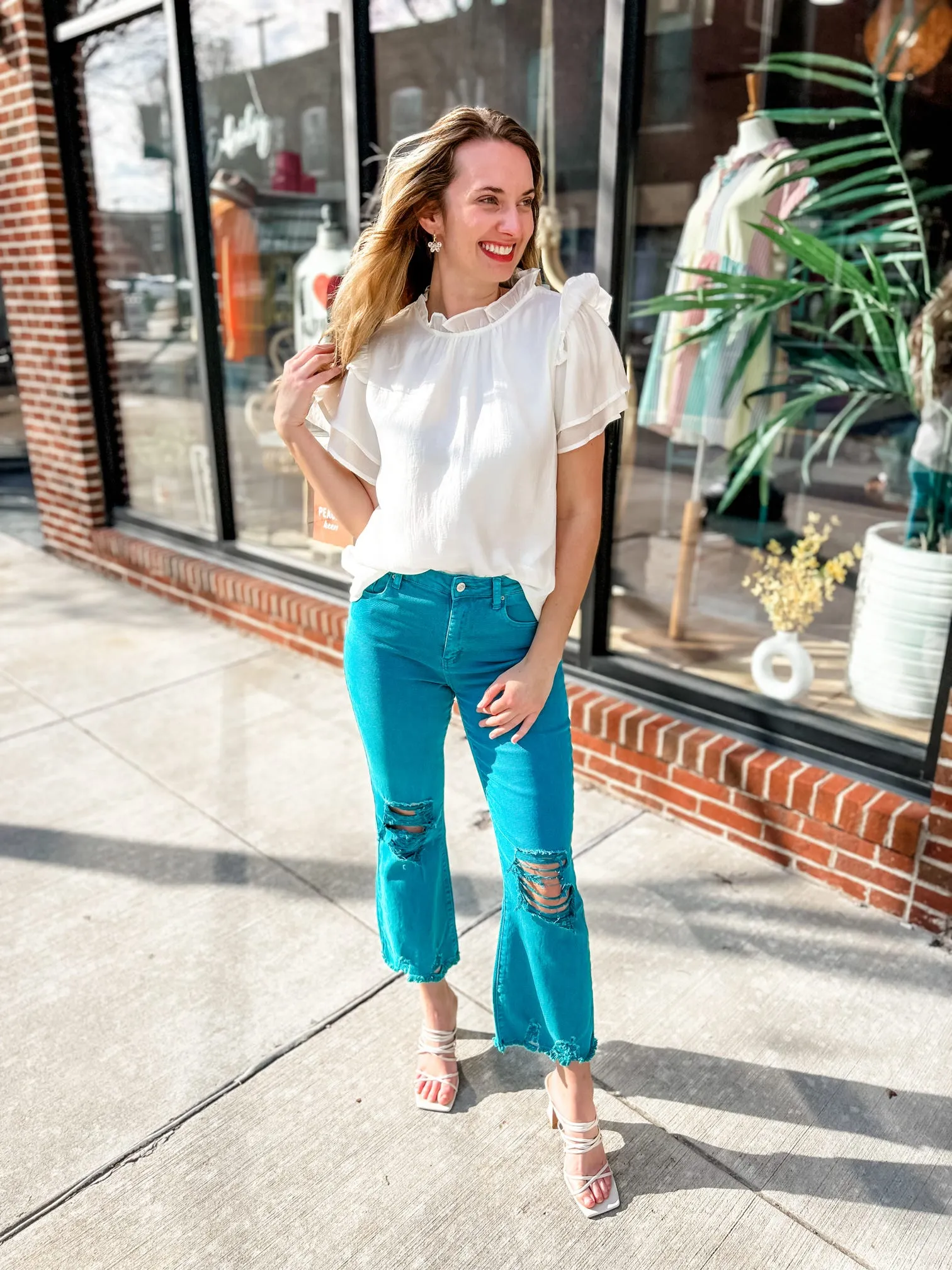 Teal Lightly Distressed Frayed Hem Jeans