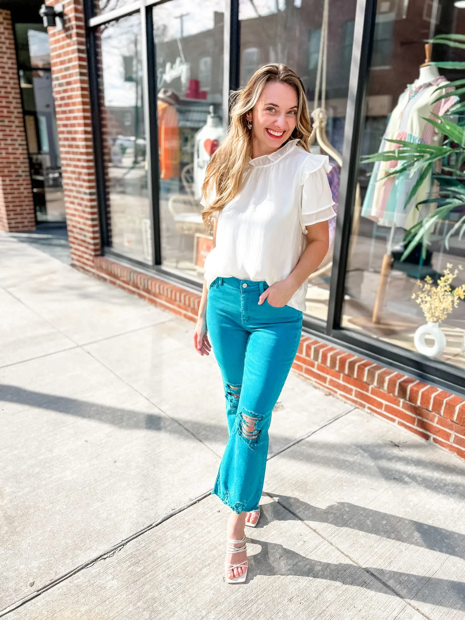 Teal Lightly Distressed Frayed Hem Jeans