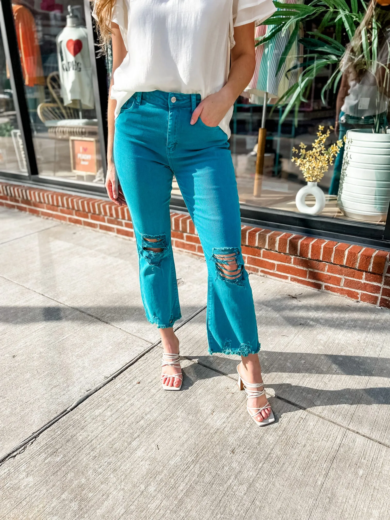 Teal Lightly Distressed Frayed Hem Jeans