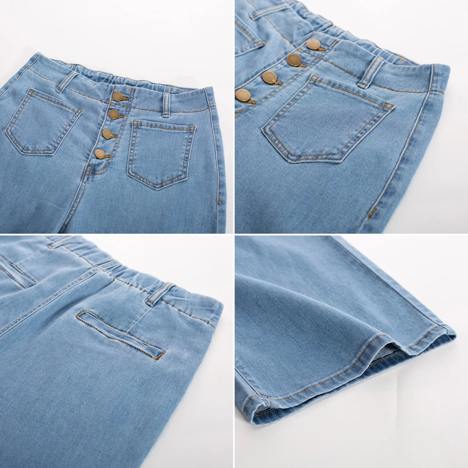 Vintage Straight Leg High Waisted Elastic Waist Multi-Pocket Flare Denim Pants