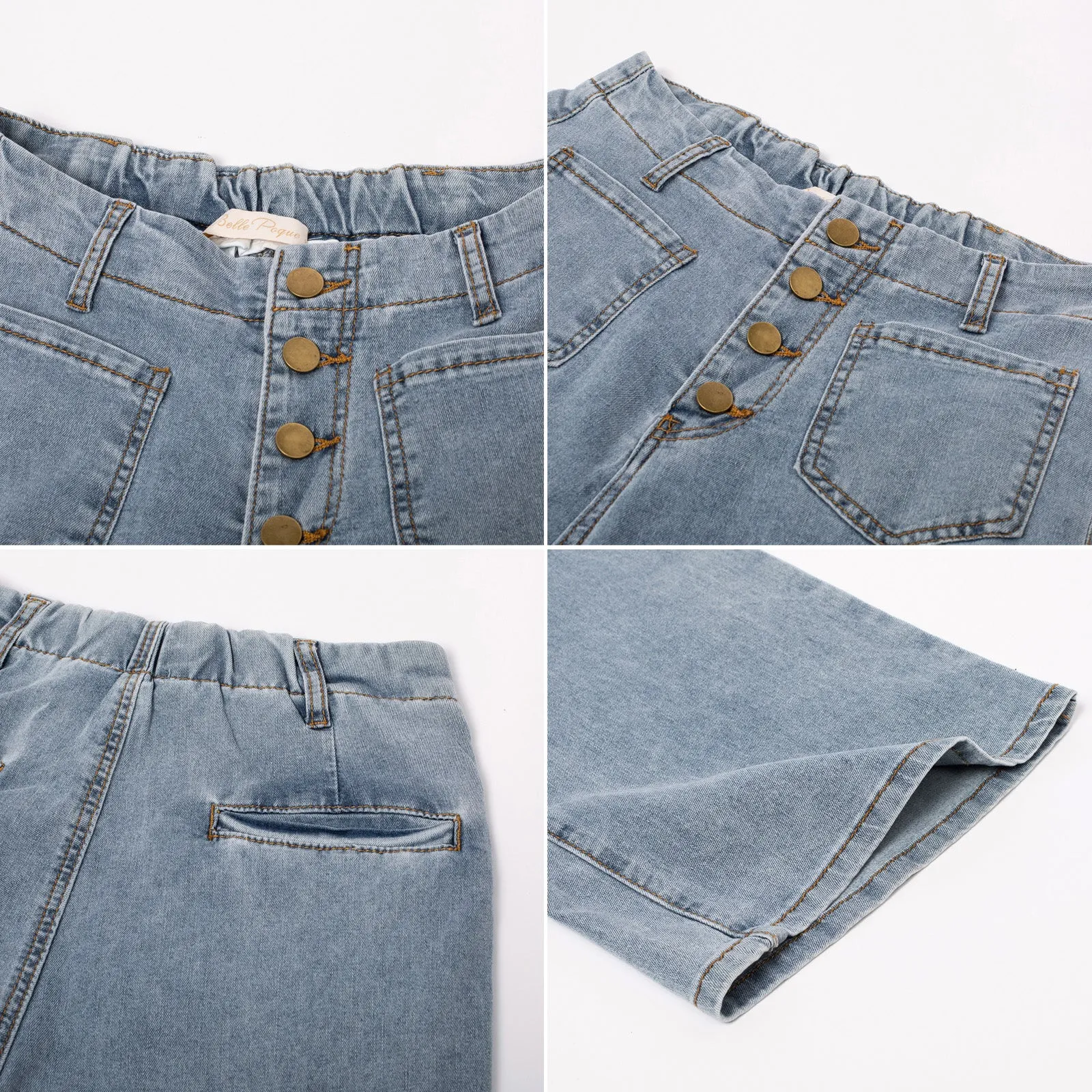 Vintage Straight Leg High Waisted Elastic Waist Multi-Pocket Flare Denim Pants