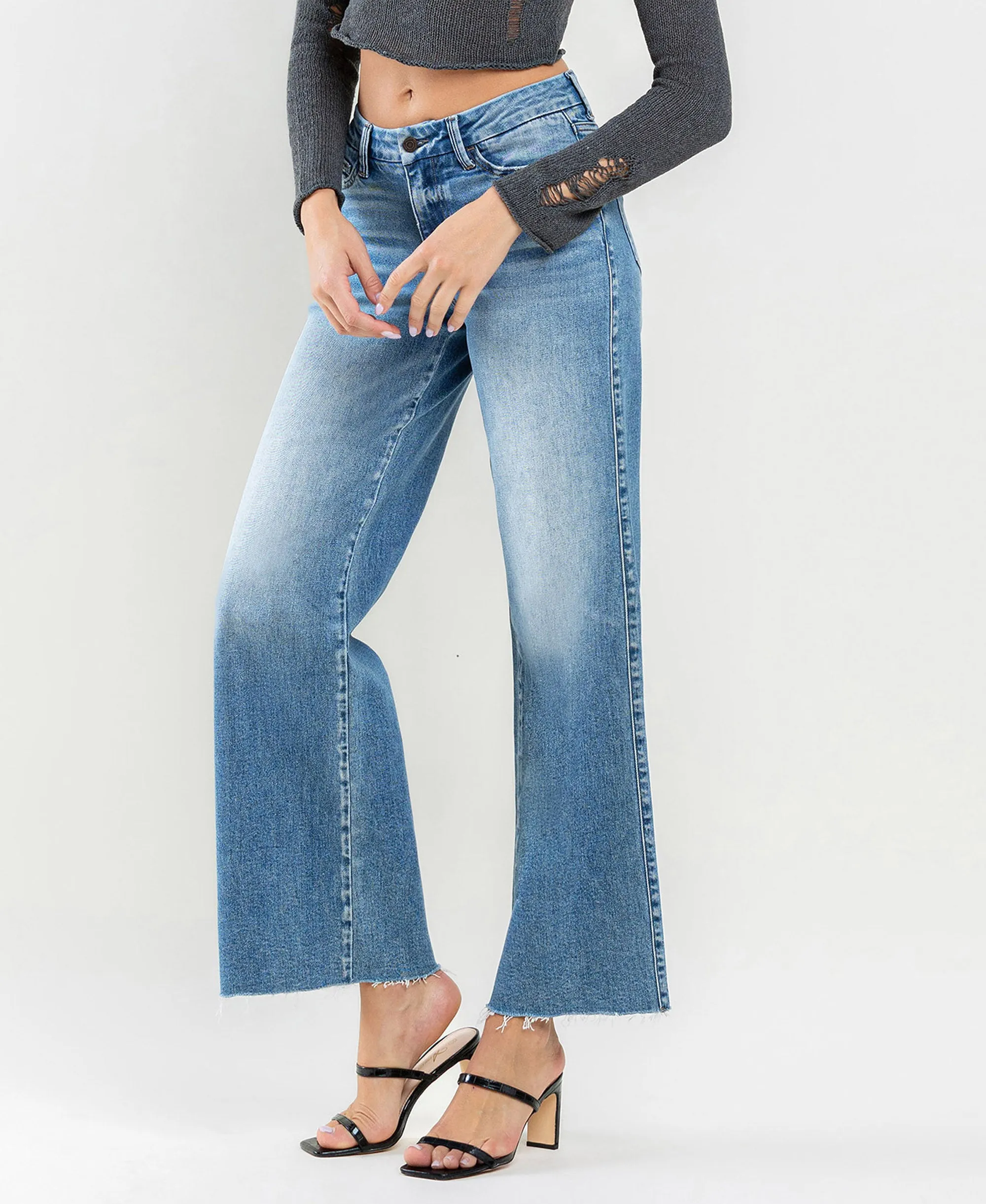 Vouchsafe - Mid Rise Raw Hem Wide Leg Jeans