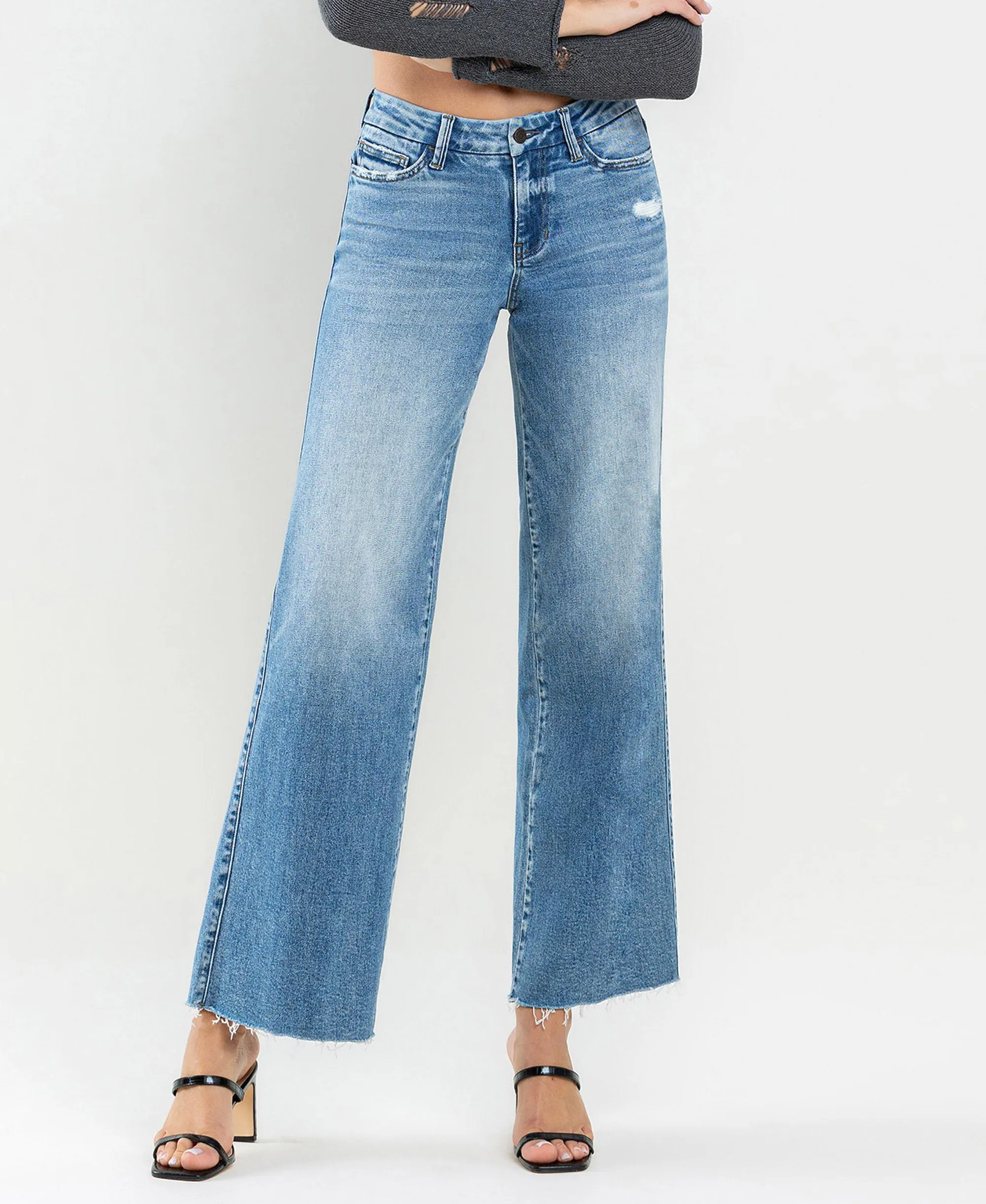 Vouchsafe - Mid Rise Raw Hem Wide Leg Jeans