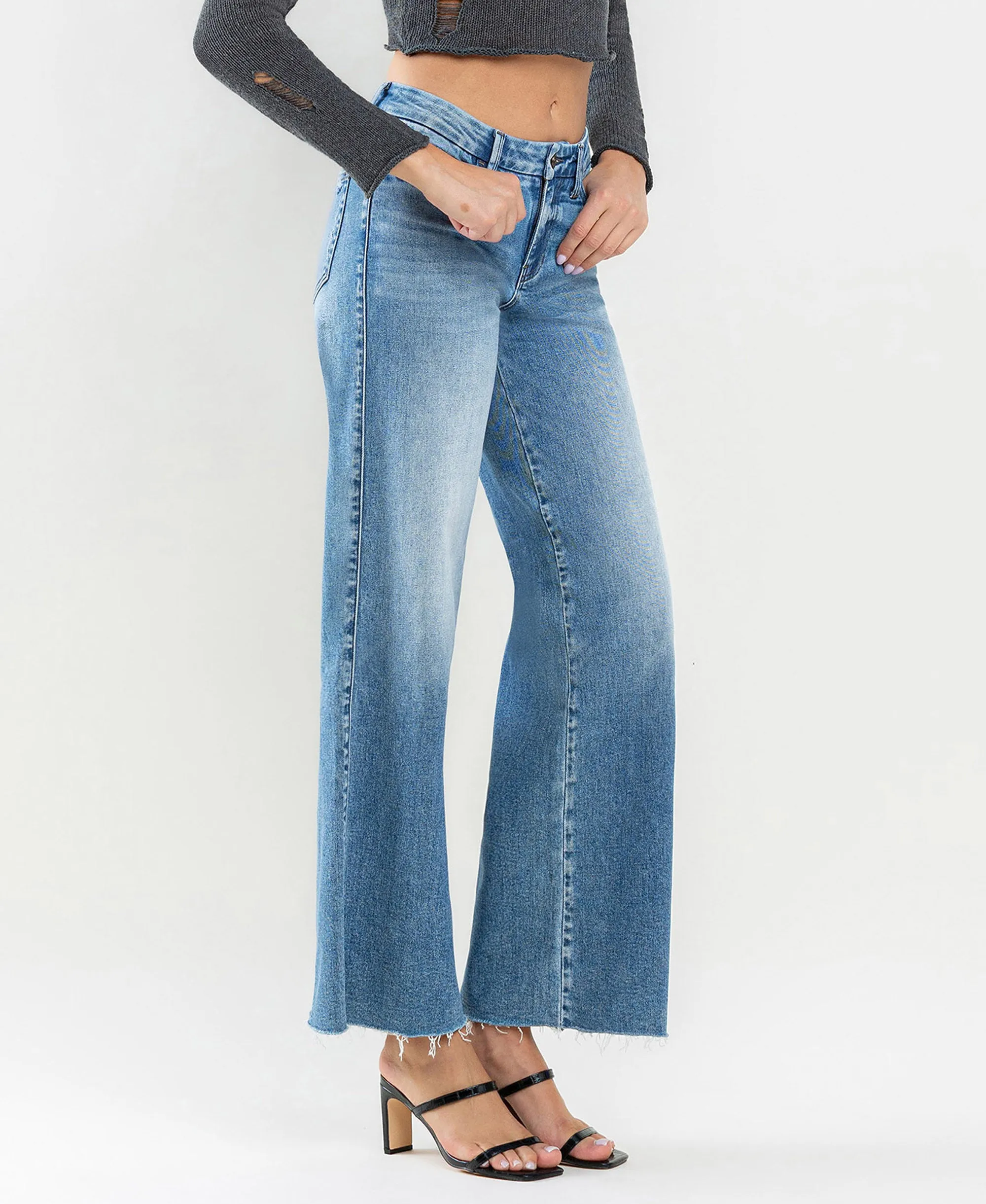 Vouchsafe - Mid Rise Raw Hem Wide Leg Jeans