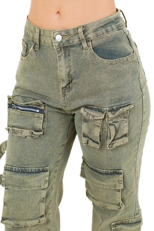 WOMEN FAHION CARGO STYLE DENIM PANTS