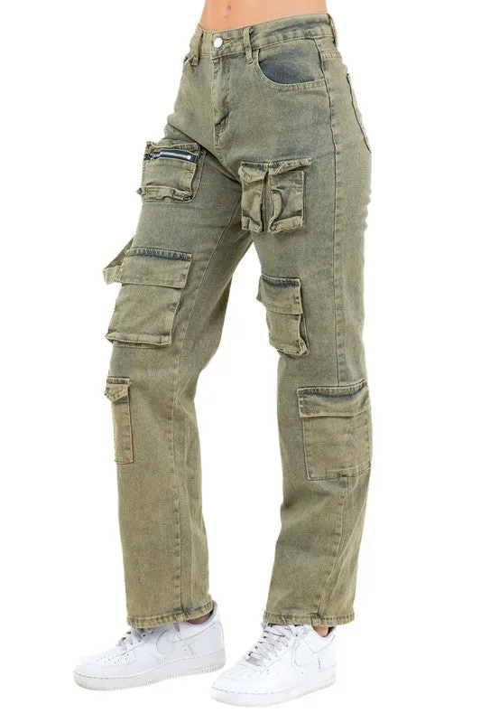 WOMEN FAHION CARGO STYLE DENIM PANTS