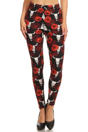 Women's 3X 5X Flower Bull Skull Pattern Printed Leggings