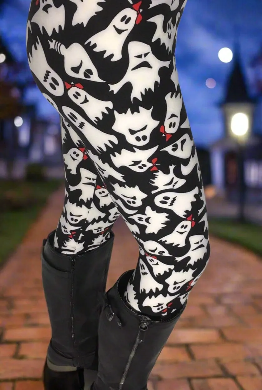 Womens Halloween Ghost Leggings, Soft Yoga Pants, Sizes 0-20, Yoga Waist, Black/White