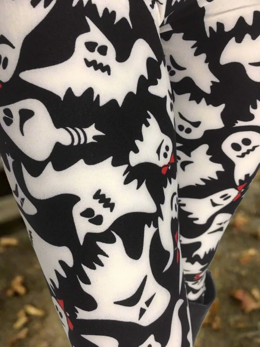 Womens Halloween Ghost Leggings, Soft Yoga Pants, Sizes 0-20, Yoga Waist, Black/White