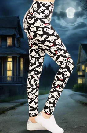 Womens Halloween Ghost Leggings, Soft Yoga Pants, Sizes 0-20, Yoga Waist, Black/White