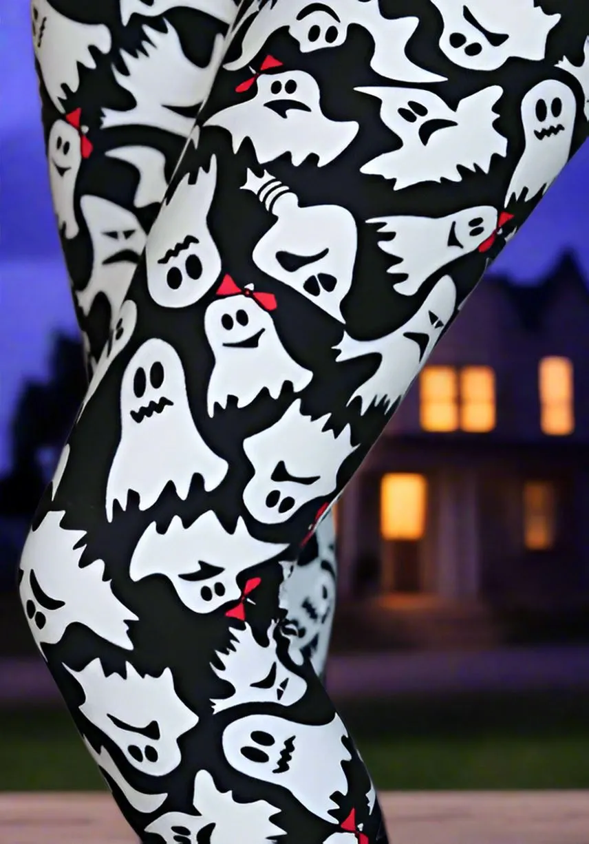 Womens Halloween Ghost Leggings, Soft Yoga Pants, Sizes 0-20, Yoga Waist, Black/White